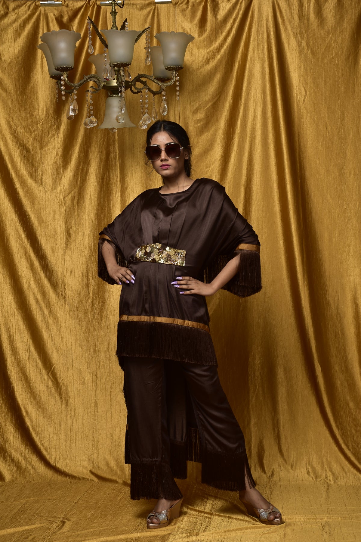 Tassée Cocoa Gleam Silk Kaftan Kurta Set