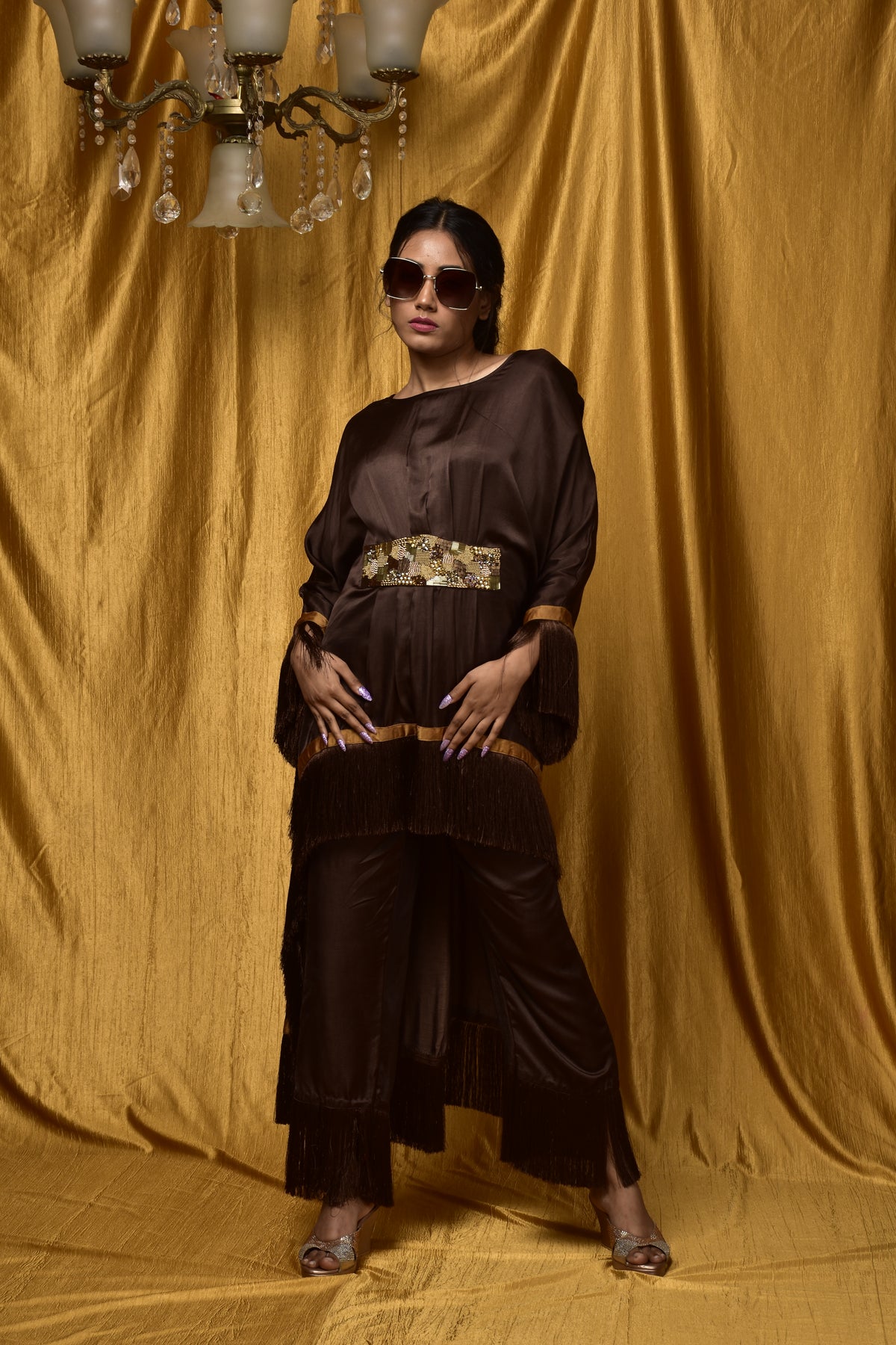 Tassée Cocoa Gleam Silk Kaftan Kurta Set