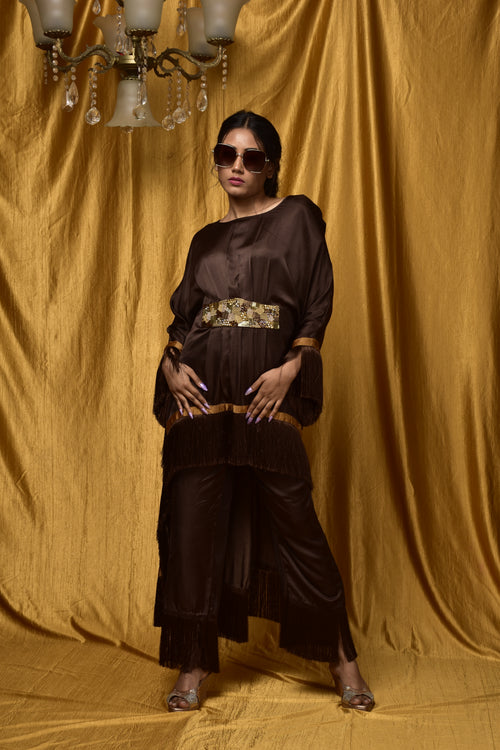 Tassée Cocoa Gleam Silk Kaftan Kurta Set