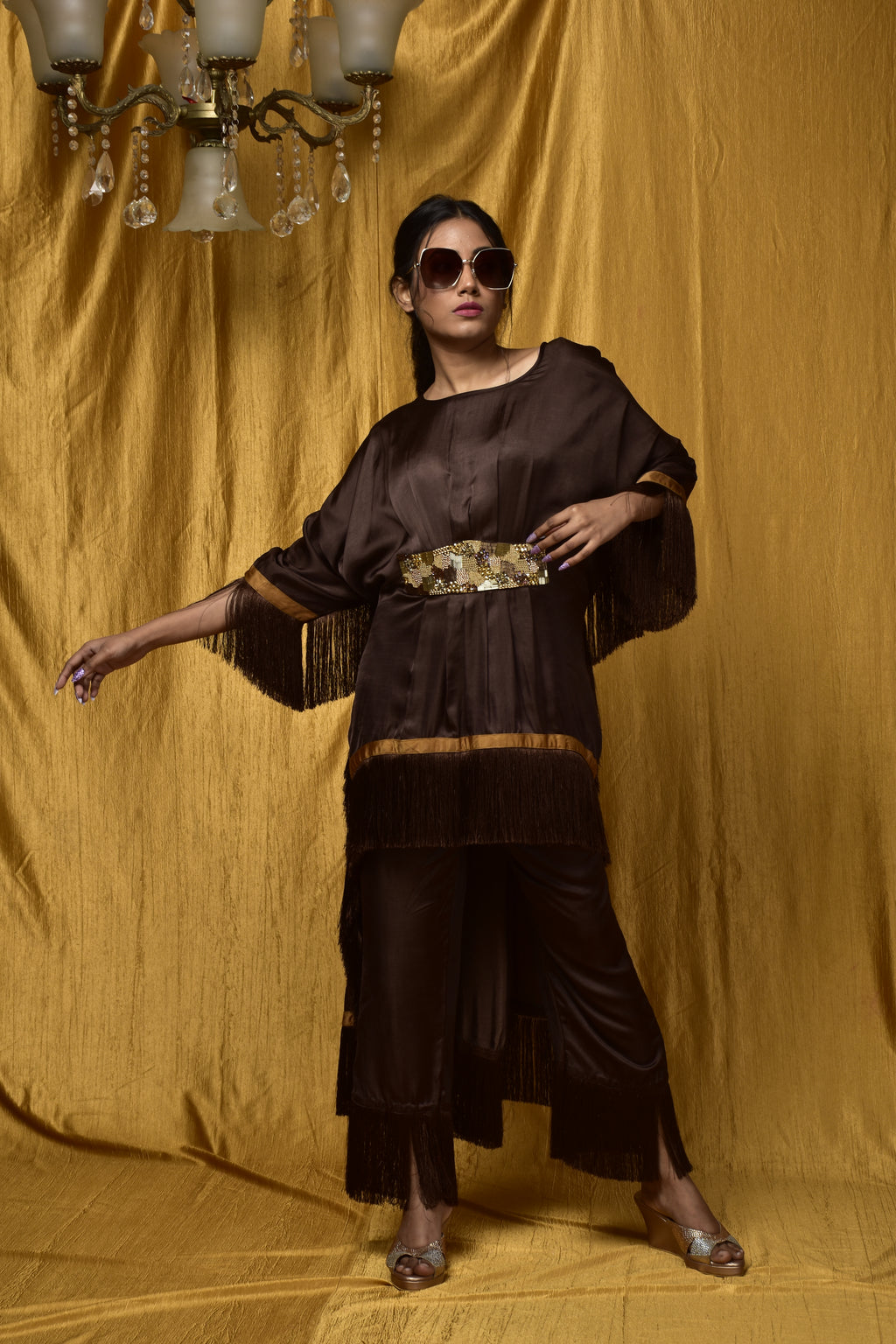Tassée Cocoa Gleam Silk Kaftan Kurta Set