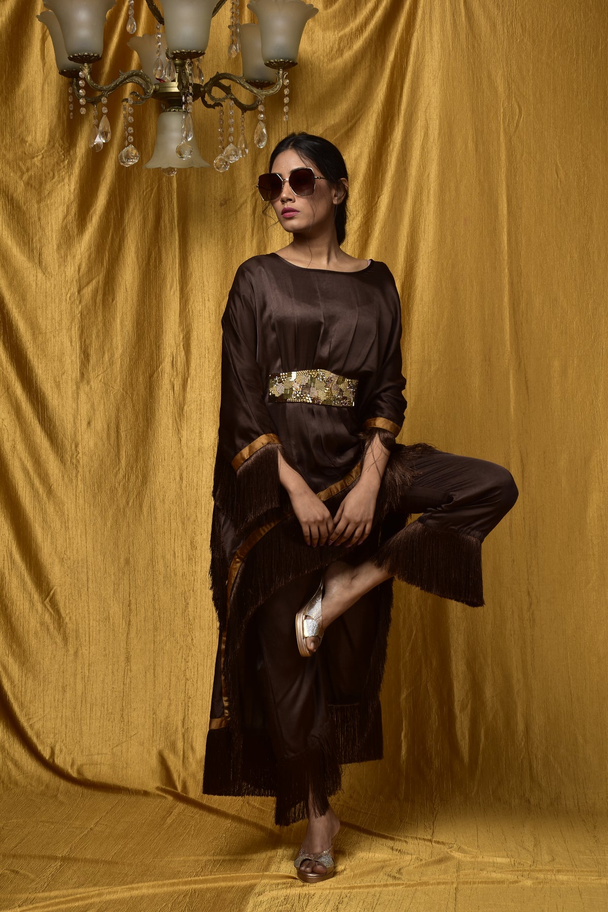Tassée Cocoa Gleam Silk Kaftan Kurta Set