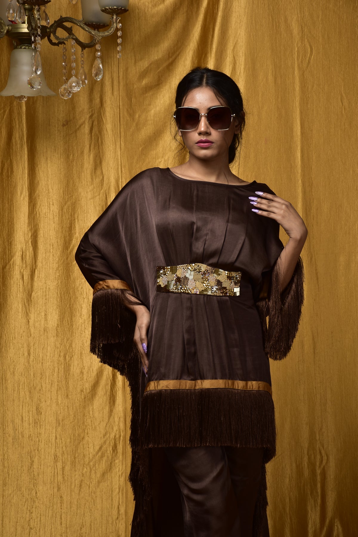 Tassée Cocoa Gleam Silk Kaftan Kurta Set